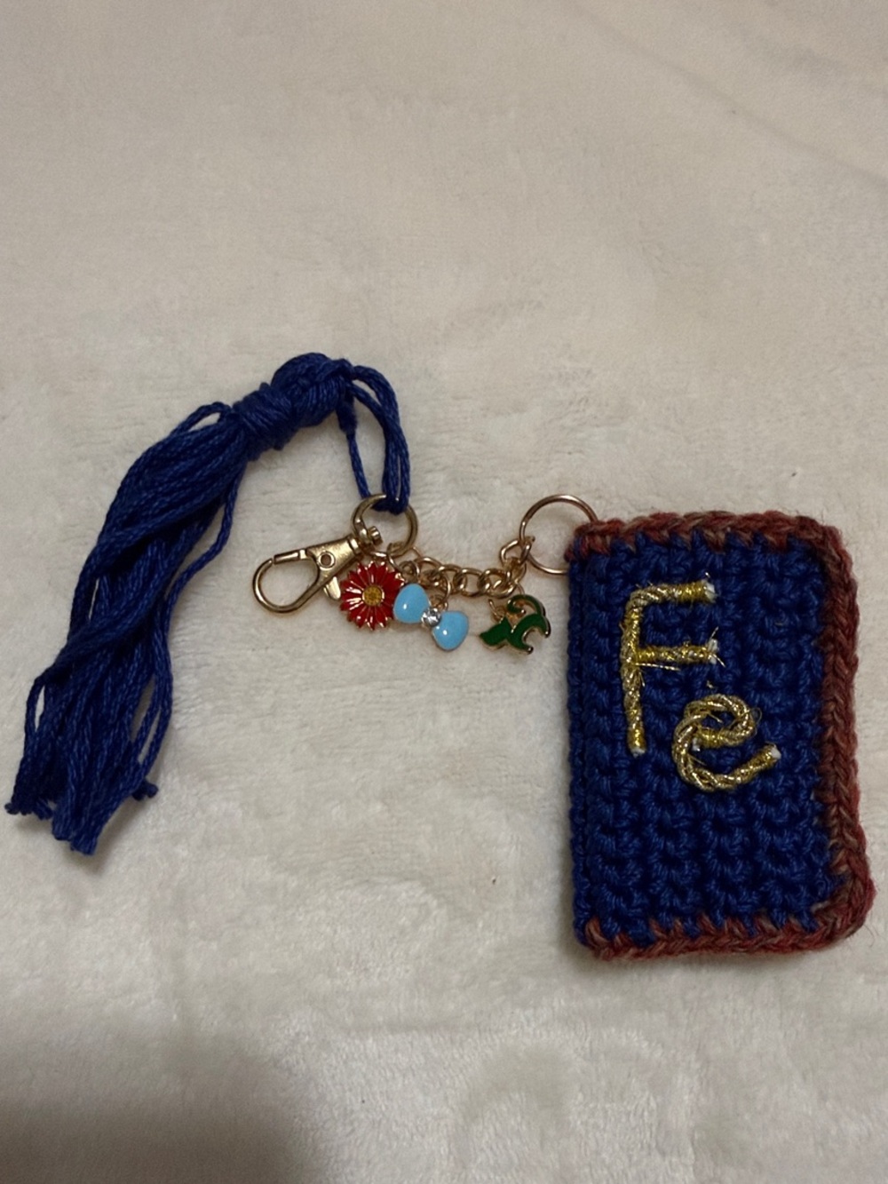 Handmade Navy and Brown Crochet Fe Keychain with Charms